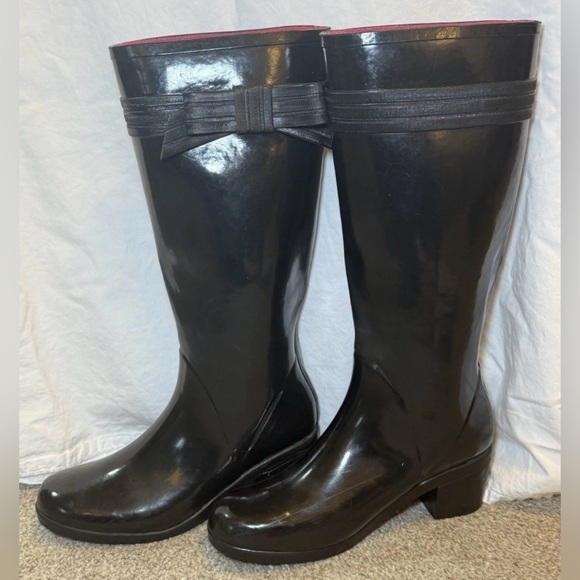 Kate Spade Women's Sz 9 Randi Black Gloss Rubber Heeled Knee High Rain Boots - Picture 3 of 11